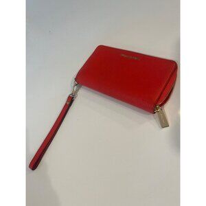 Michael Kors Red Pebbled Leather Wristlet Wallet With Gold Hardware & Zip Closur